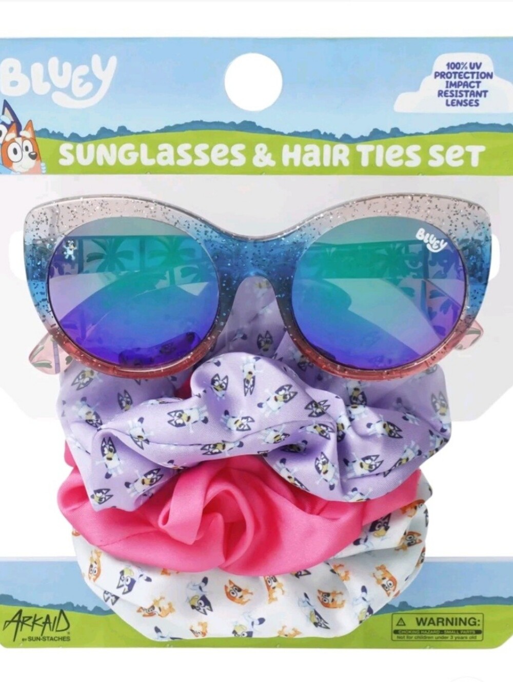 Bluey Kids' Sparkle Blue Gradient Sunglasses & Hair Ties Set NWT
